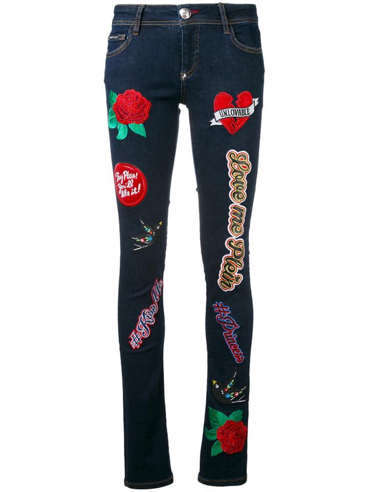 Philipp Plein 'teddy Boss' Patched Skinny Jeans - Blue