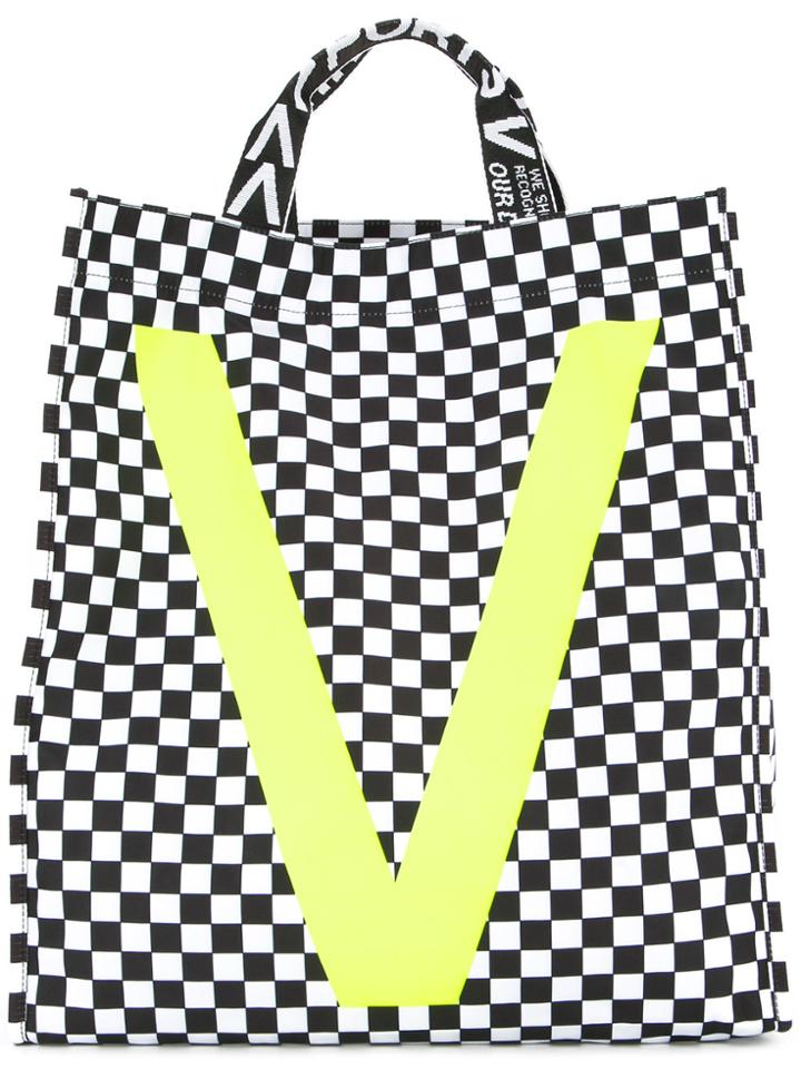 Ports V Contrast Panel Checkered Shopper Tote Bag - White