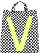 Ports V Contrast Panel Checkered Shopper Tote Bag - White