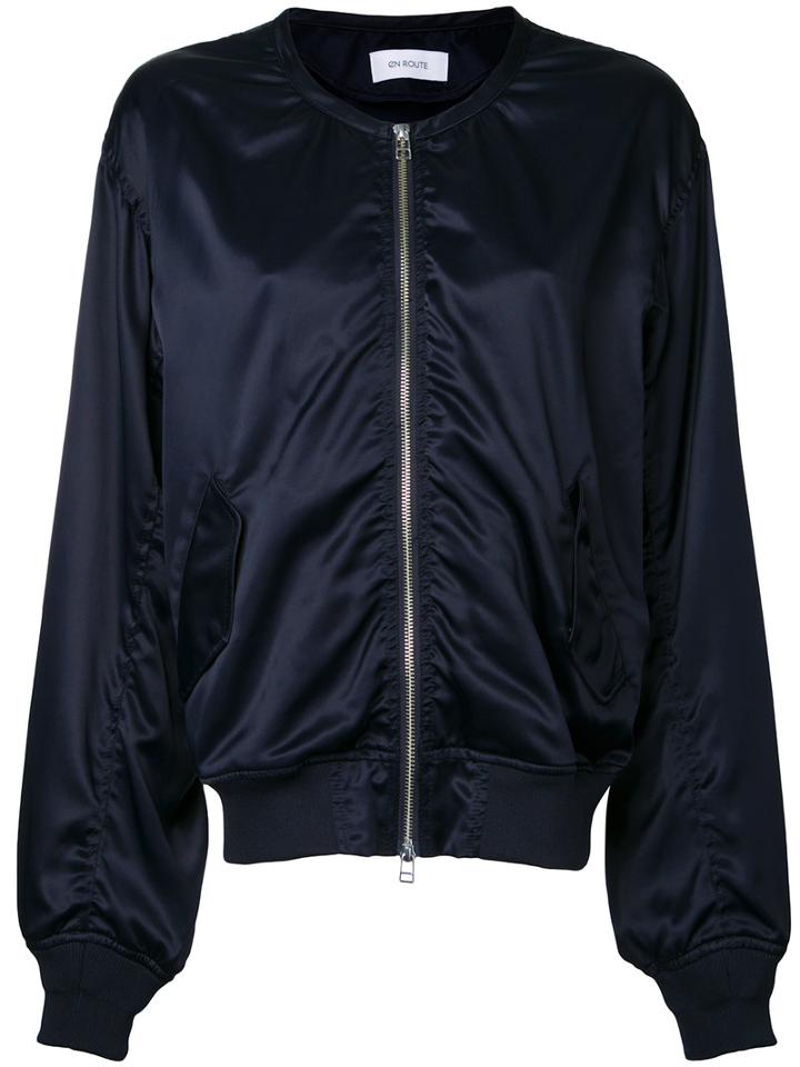 En Route - Collarless Bomber Jacket - Women - Rayon - 1, Blue, Rayon