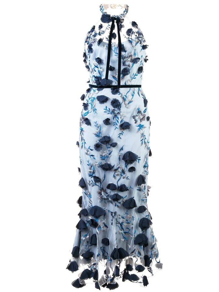 Marchesa Notte Embellished Floral Lace Dress - Blue
