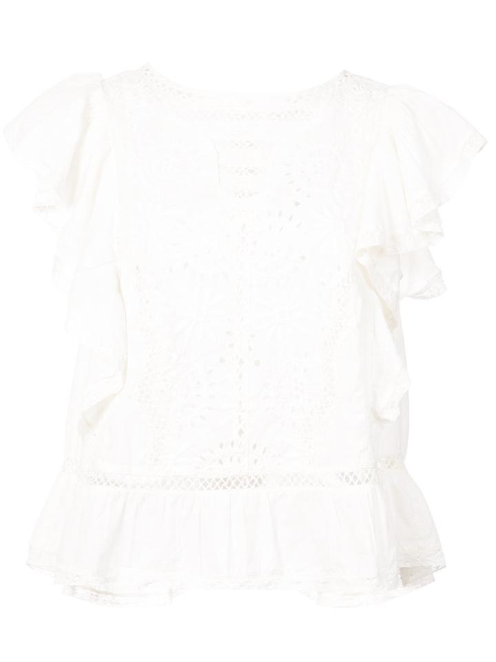 Love Shack Fancy Floral Embroidered Ruffle Trim Blouse - White