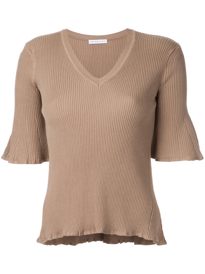 Flared V-neck Top - Women - Rayon - 38, Brown, Rayon, Estnation