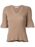 Flared V-neck Top - Women - Rayon - 38, Brown, Rayon, Estnation