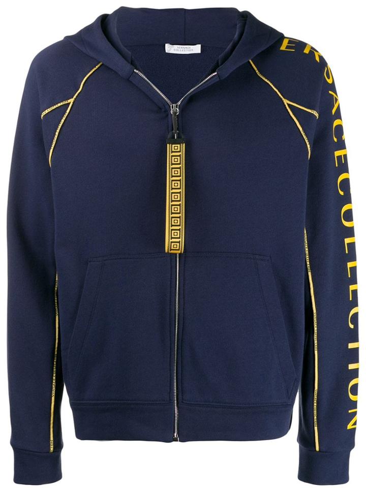 Versace Collection Logo Print Zip-front Hoodie - Blue