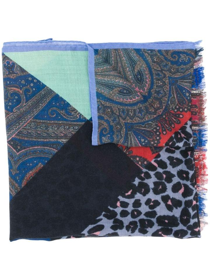 Etro Fringed Patch-work Scarf - Blue