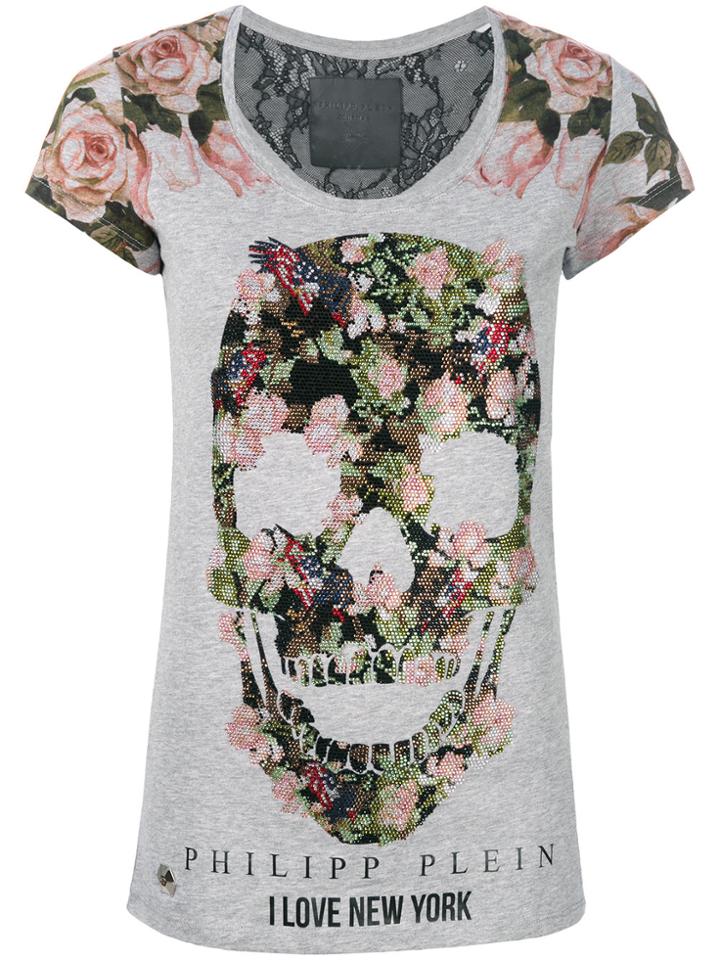 Philipp Plein Floral Skull Print T-shirt - Grey