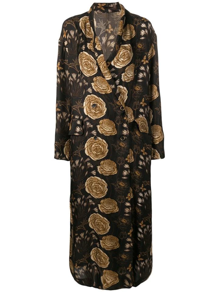 Uma Wang Rose Printed Long Coat - Black
