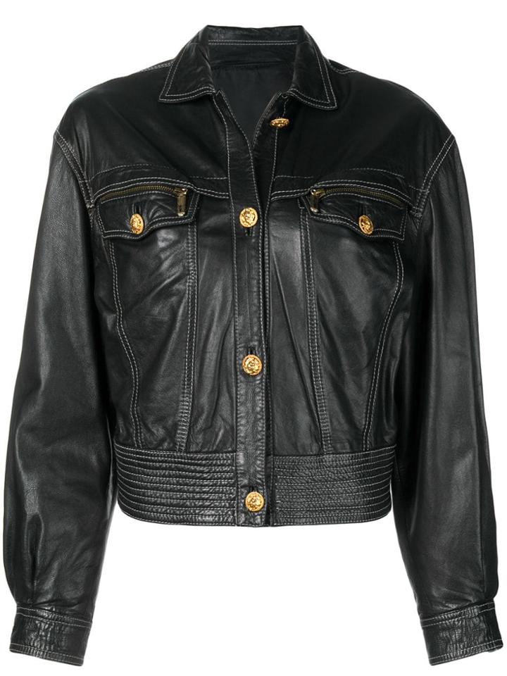 Versace Vintage Button-down Leather Jacket - Black