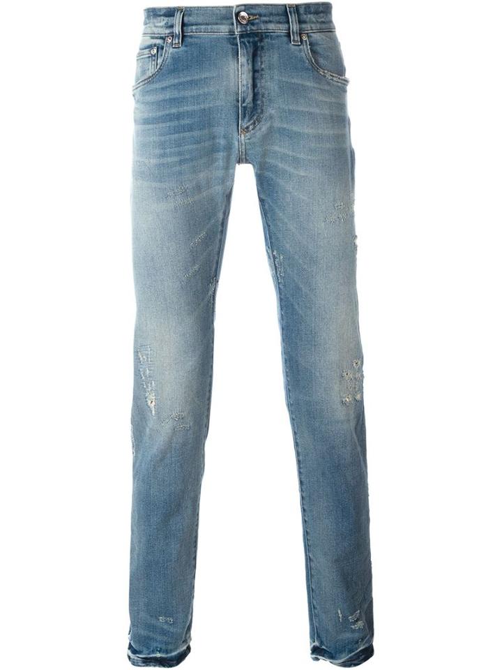 Dolce & Gabbana Rip Detail Jeans, Men's, Size: 54, Blue, Cotton/spandex/elastane/calf Leather