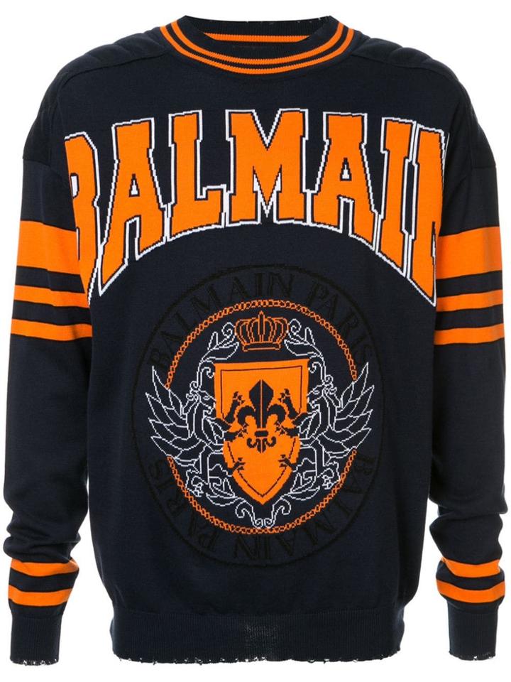 Balmain Crest Logo Distressed Jumper - Blue