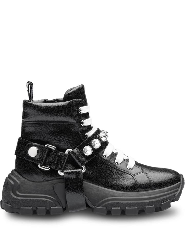 Miu Miu Leather Sneakers With Crystals - F0002 Black