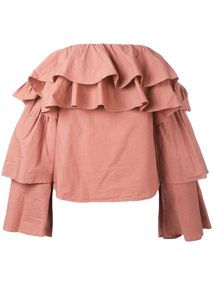 Erika Cavallini - Off-shoulder Ruffled Blouse - Women - Cotton - 40, Pink/purple, Cotton