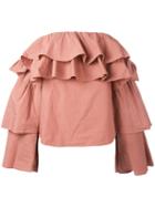 Erika Cavallini - Off-shoulder Ruffled Blouse - Women - Cotton - 40, Pink/purple, Cotton