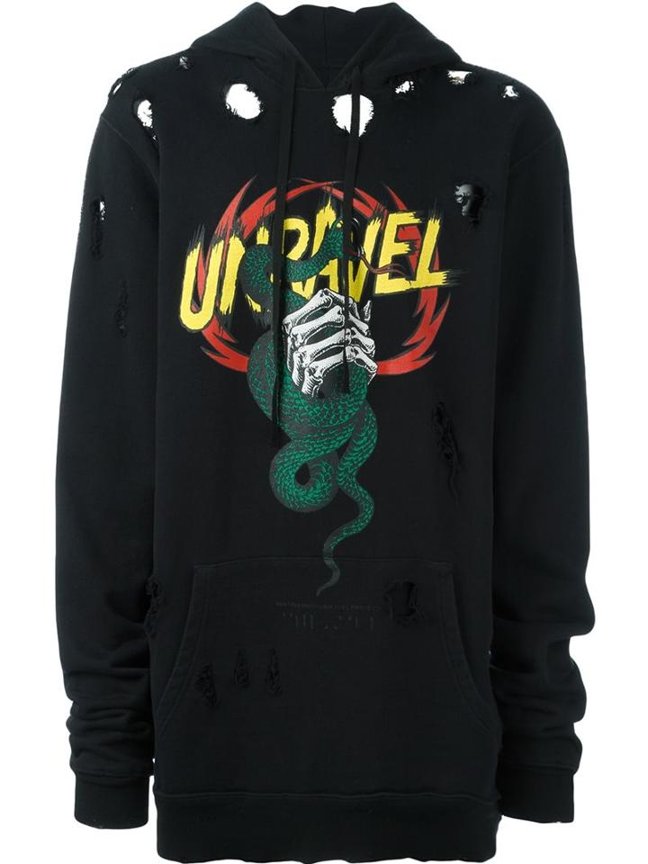 Unravel Logo Print Distressed Hoodie