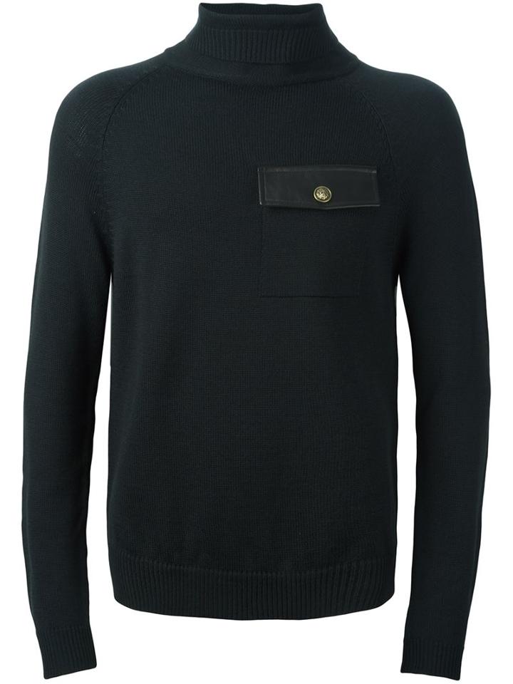 Versus Pocket Detail Turtleneck Sweatshirt, Men's, Size: 46, Black, Leather/acrylic/wool