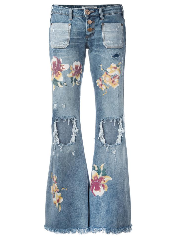 One Teaspoon Distressed Orchid Print Flared Jeans, Women's, Size: 24, Blue, Cotton