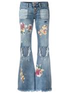 One Teaspoon Distressed Orchid Print Flared Jeans, Women's, Size: 24, Blue, Cotton