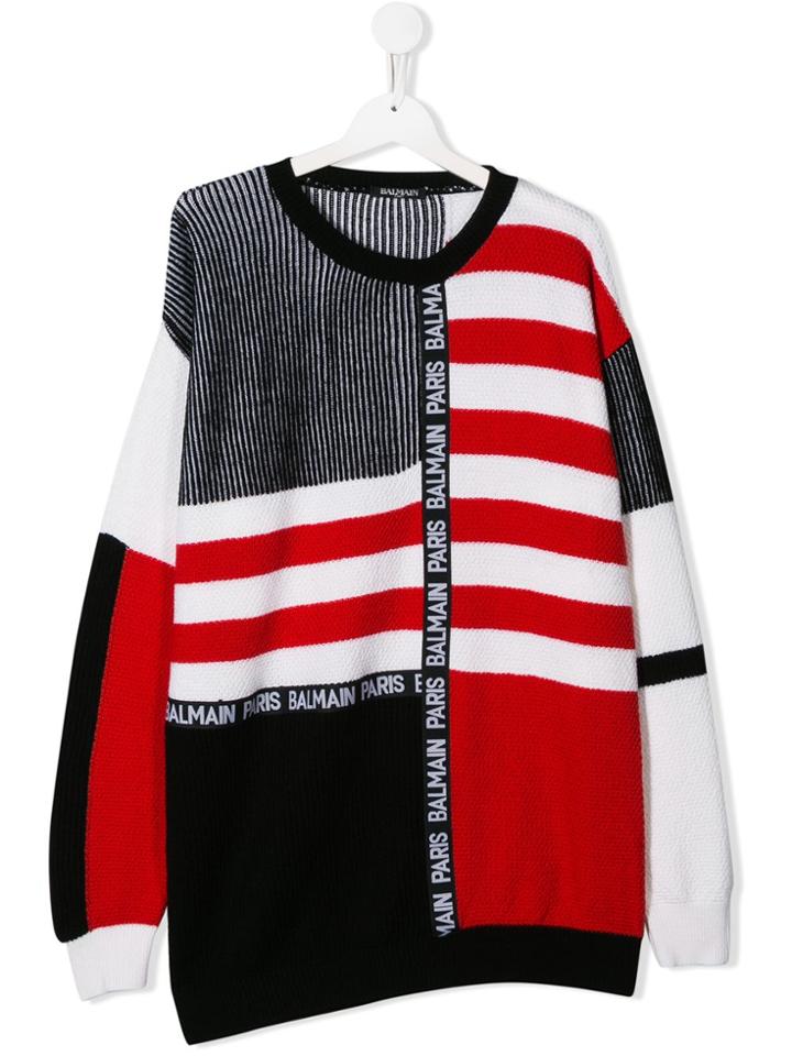 Balmain Kids Teen Patchwork Striped Knit Jumper - Black