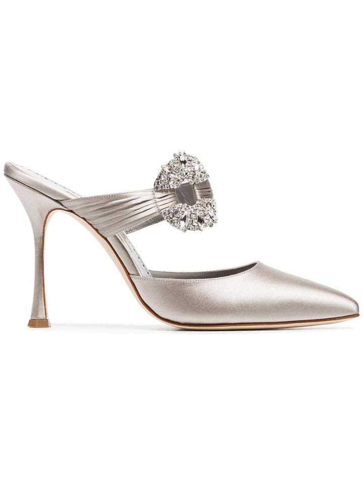 Manolo Blahnik Grey Maidu 105 Crystal Buckle Silk Satin Mules