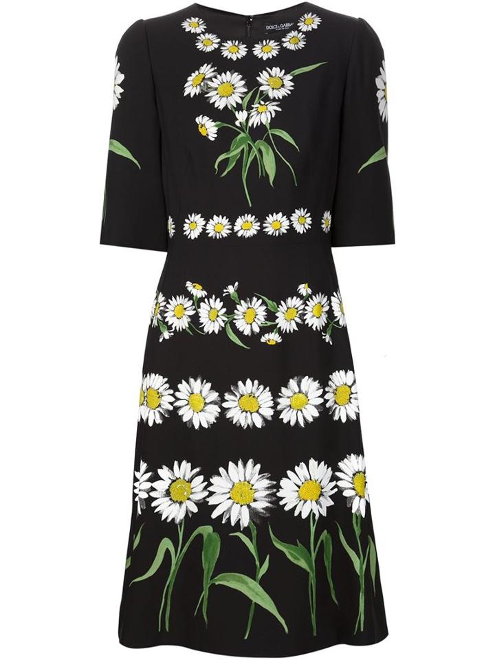 Dolce & Gabbana Daisy Print Dress, Women's, Size: 44, Black, Silk/spandex/elastane/rayon