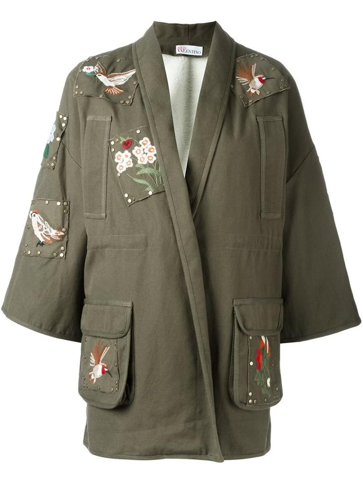 Red Valentino Embroidered Patch Coat, Women's, Size: 38, Green, Polyimide/polyester/cotton