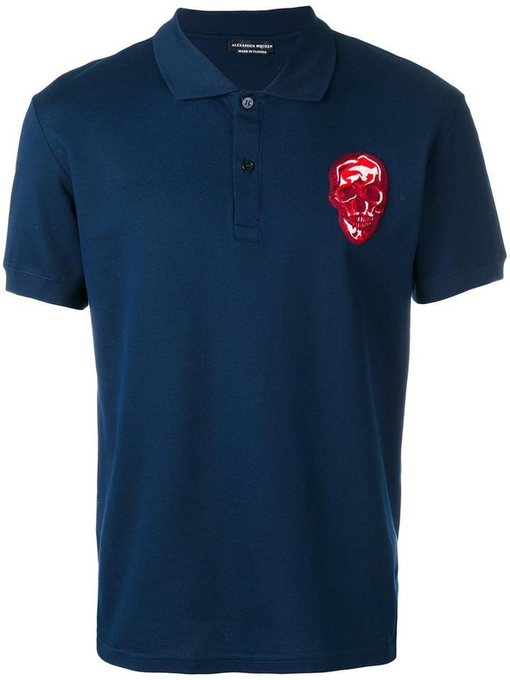 Alexander Mcqueen Skull Embroidered Polo Shirt, Men's, Size: Xl, Blue, Cotton/viscose