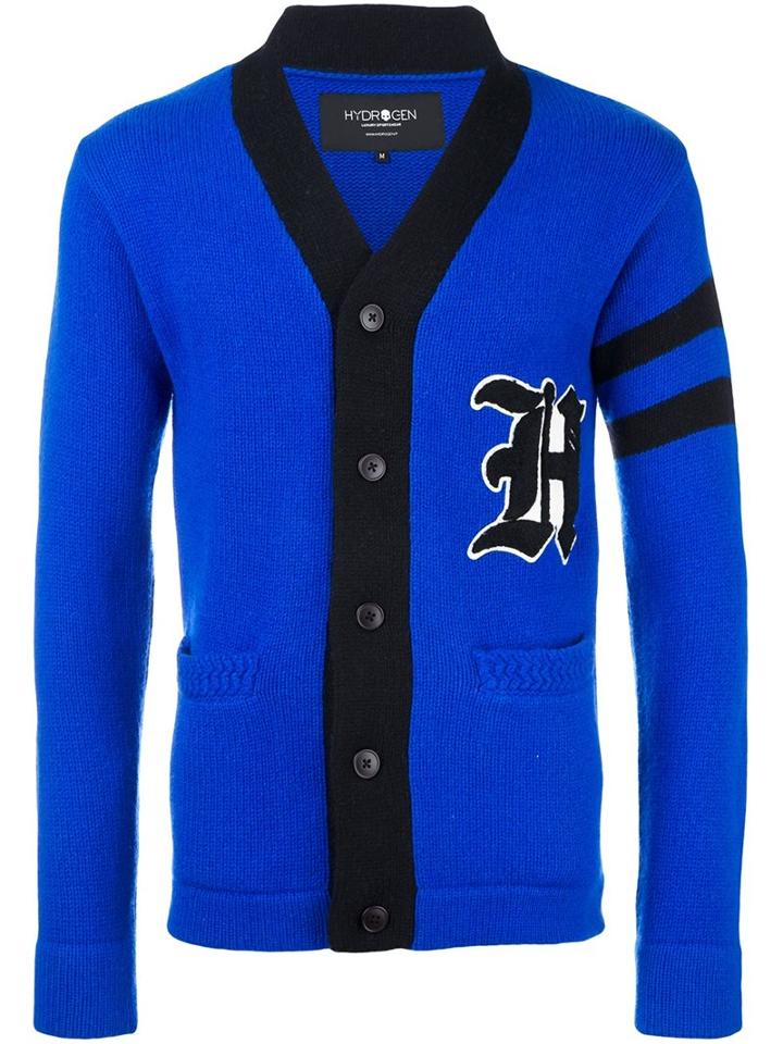 Hydrogen Contrast Trim Cardigan, Men's, Size: Large, Blue, Wool