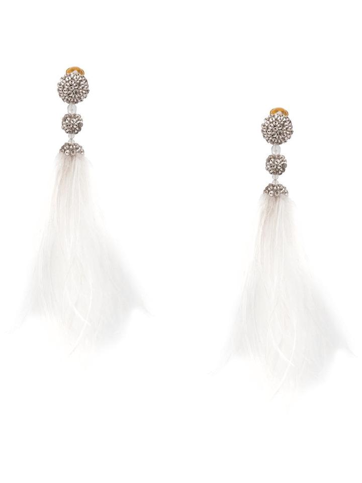 Oscar De La Renta Long Beaded Feather Earrings - White
