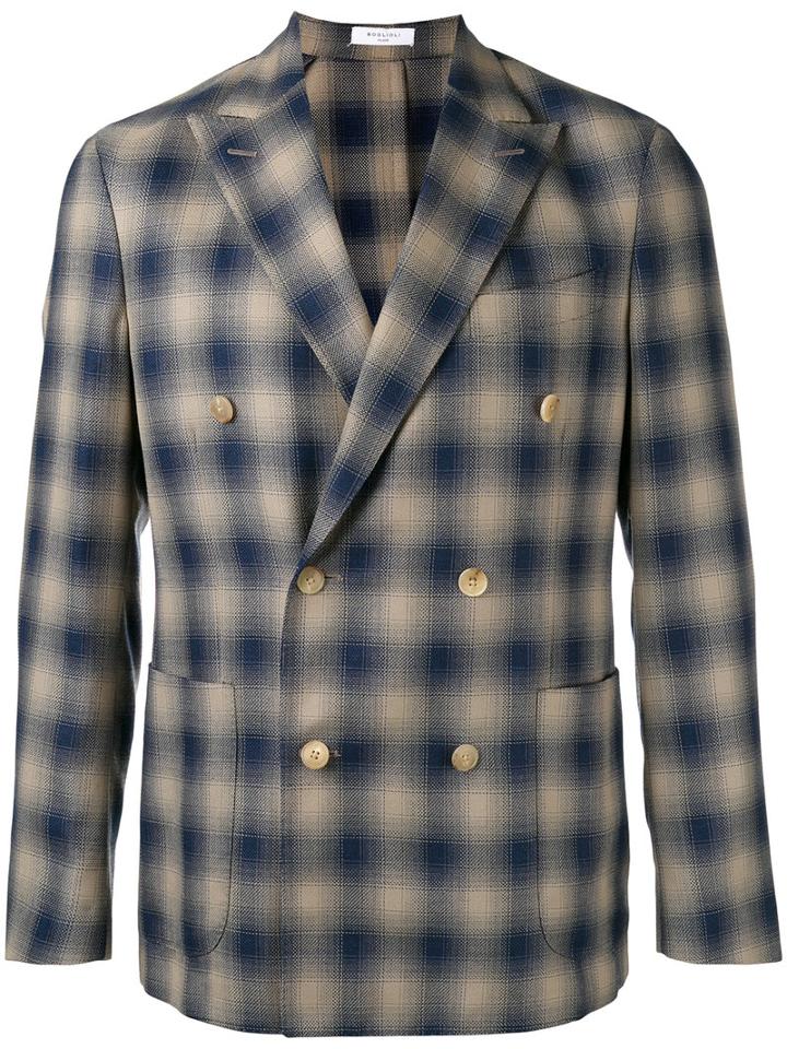 Boglioli Double-breasted Check Blazer, Men's, Size: 52, Blue, Silk/cotton/virgin Wool/cupro
