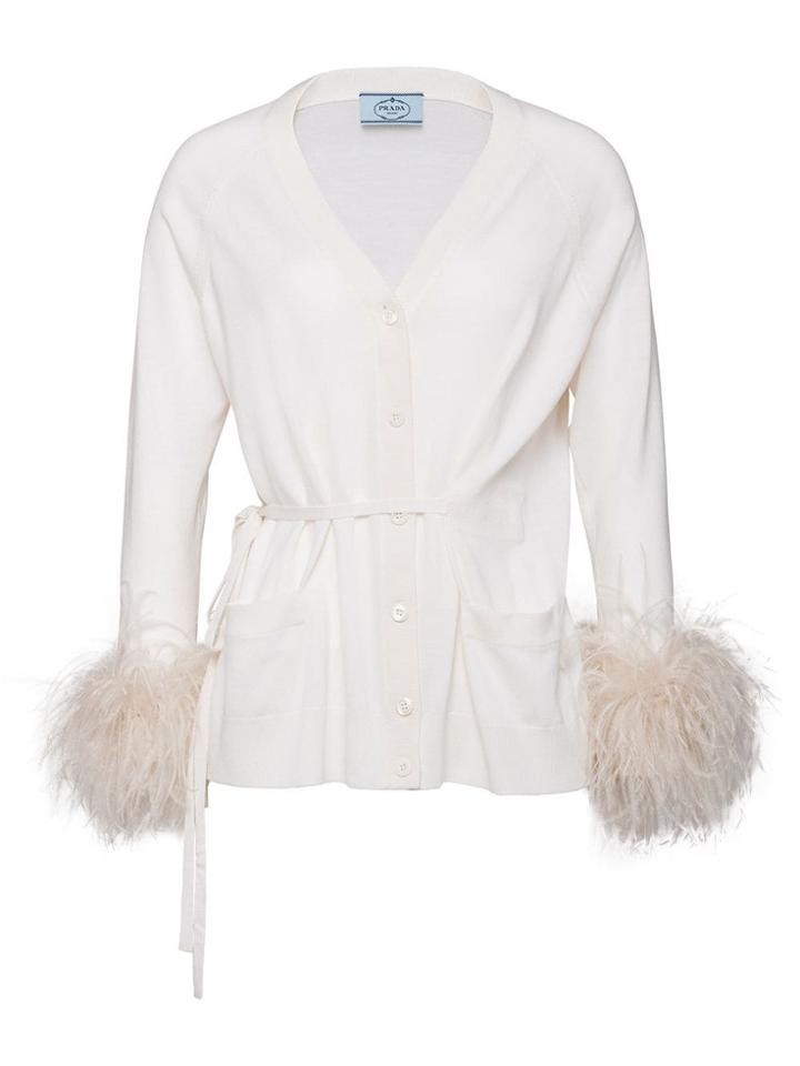 Prada Cardigan With Tie Belt And Feathers - White