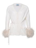 Prada Cardigan With Tie Belt And Feathers - White