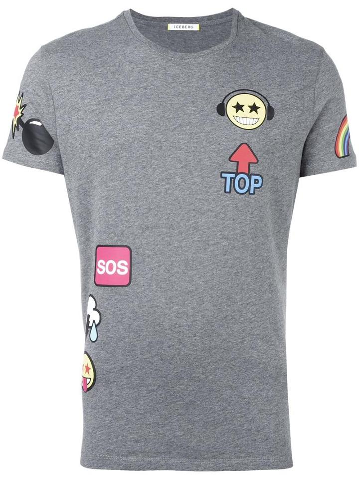 Iceberg Emoji Print T-shirt, Men's, Size: Large, Grey, Cotton