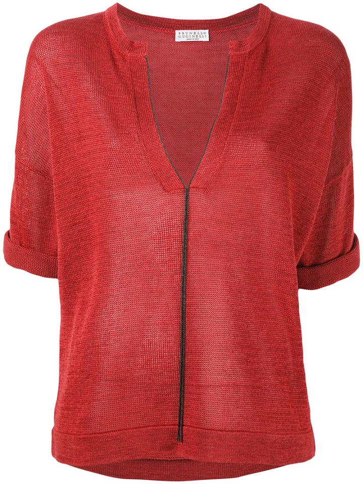 Brunello Cucinelli - V-neck Shortsleeved Jumper - Women - Cotton - Xl, Red, Cotton