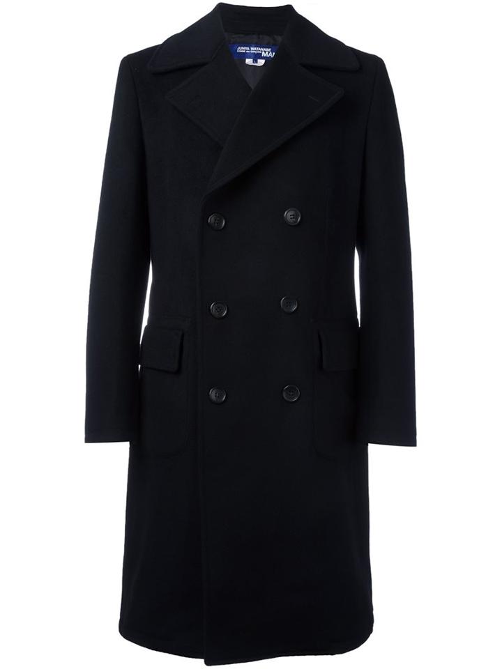 Junya Watanabe Comme Des Garçons Man Long Double Breasted Coat, Men's, Size: Xl, Black, Wool/nylon/polyester/cupro