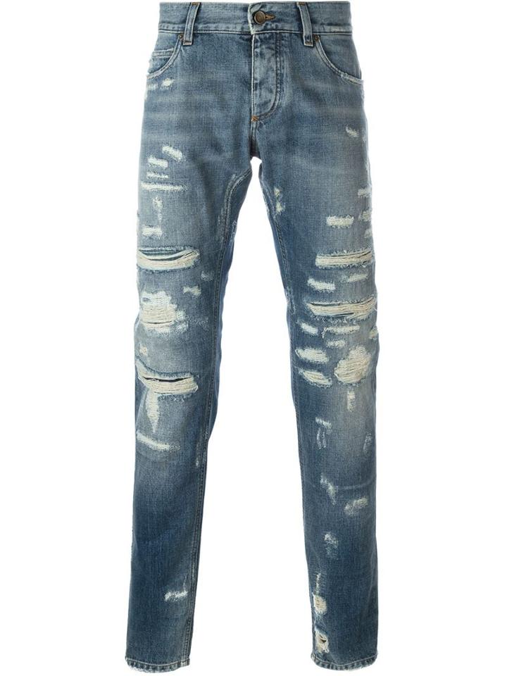 Dolce & Gabbana Ripped Detail Jeans, Men's, Size: 50, Blue, Cotton