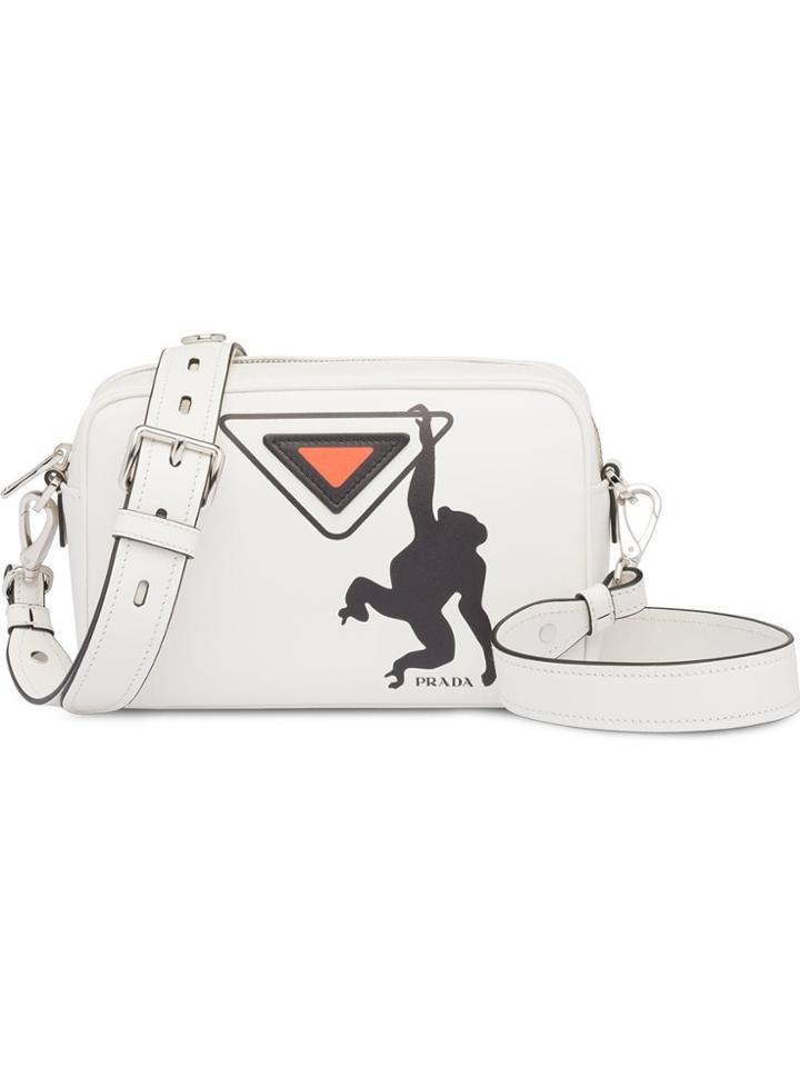 Prada White Monkey Logo Print Leather Shoulder Bag