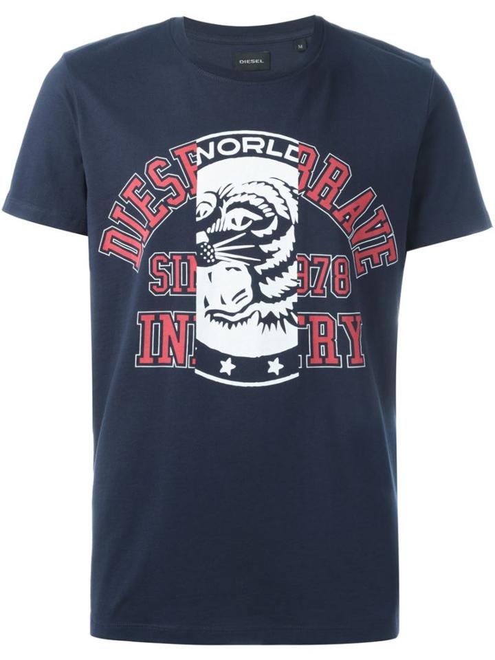 Diesel Tiger Logo Print T-shirt, Men's, Size: Xxl, Blue, Cotton
