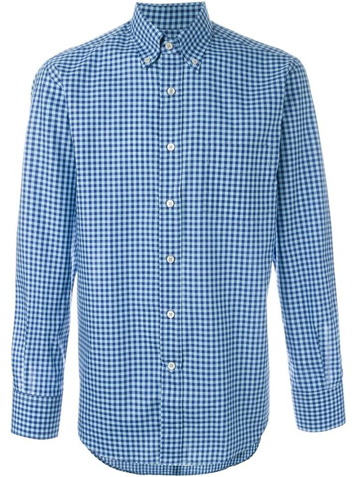 Canali Gingham Checked Shirt, Men's, Size: Large, Blue, Cotton