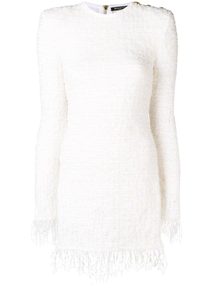Balmain Fringed Tweed Dress - White