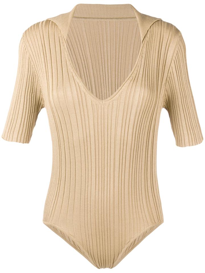 Jacquemus Ribbed Knit Plunge Neck Body - Nude & Neutrals