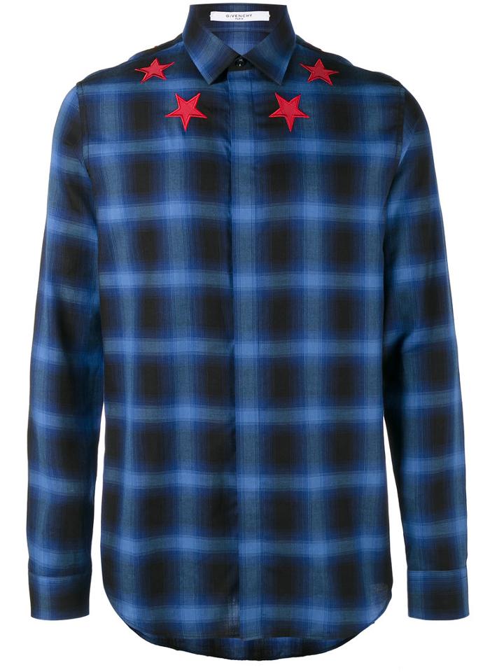 Givenchy - Star Applique Check Shirt - Men - Cotton/lyocell - 39, Blue, Cotton/lyocell