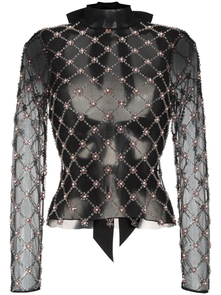 Osman Verena Embellished High Neck Tulle Top - Black