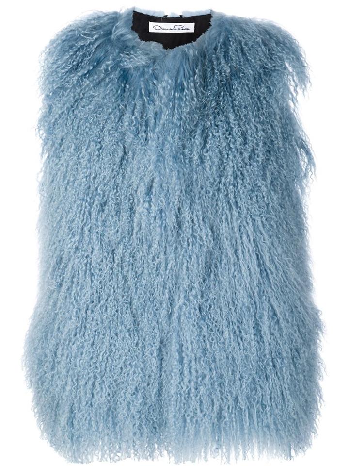 Oscar De La Renta Shearling Sleeveless Jacket, Women's, Size: Small, Blue, Silk/lamb Fur