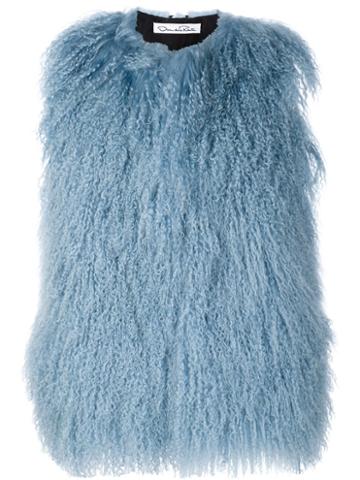 Oscar De La Renta Shearling Sleeveless Jacket, Women's, Size: Small, Blue, Silk/lamb Fur