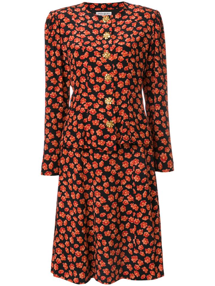 Yves Saint Laurent Vintage Floral Print Skirt And Shirt Suit - Black