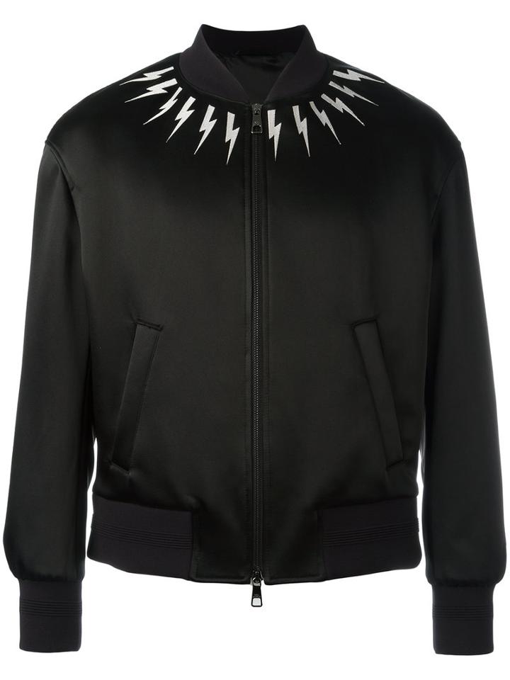 Neil Barrett Lightning Bolt Bomber Jacket, Size: Medium, Black, Polyamide/acetate/viscose/cotton