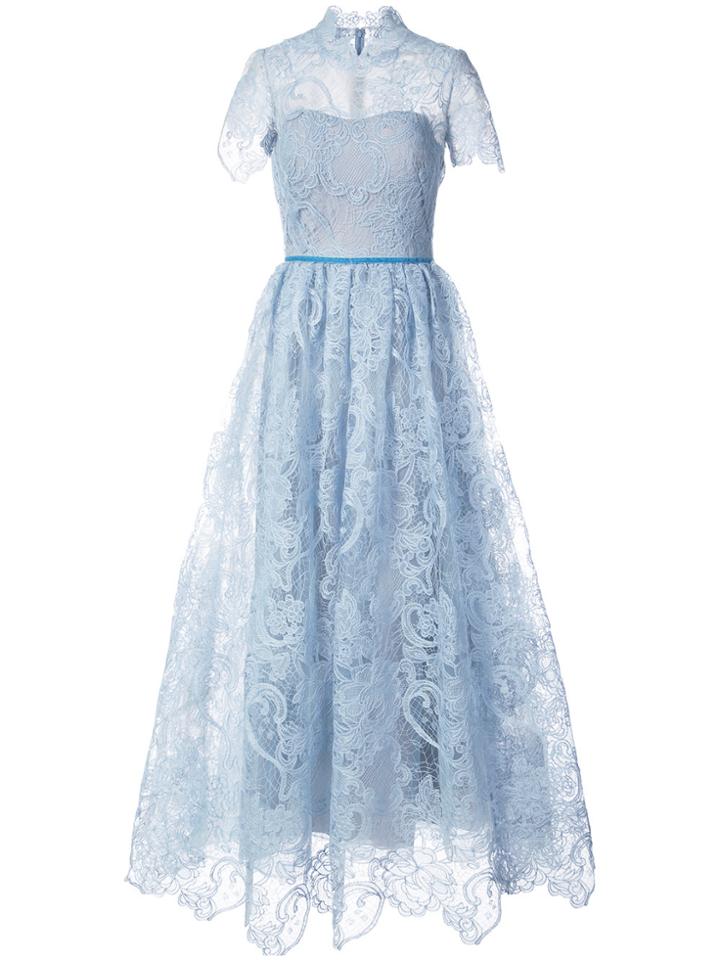 Marchesa Notte Short Sleeved Lace Dress - Blue