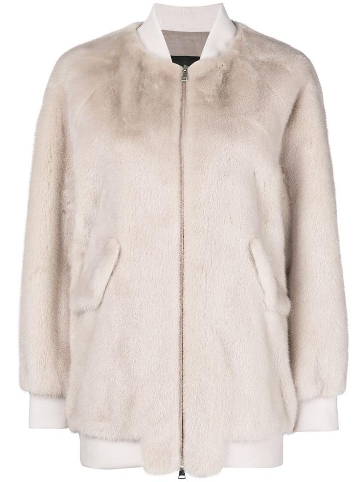 Blancha Mink Trimmed Bomber Jacket - Nude & Neutrals