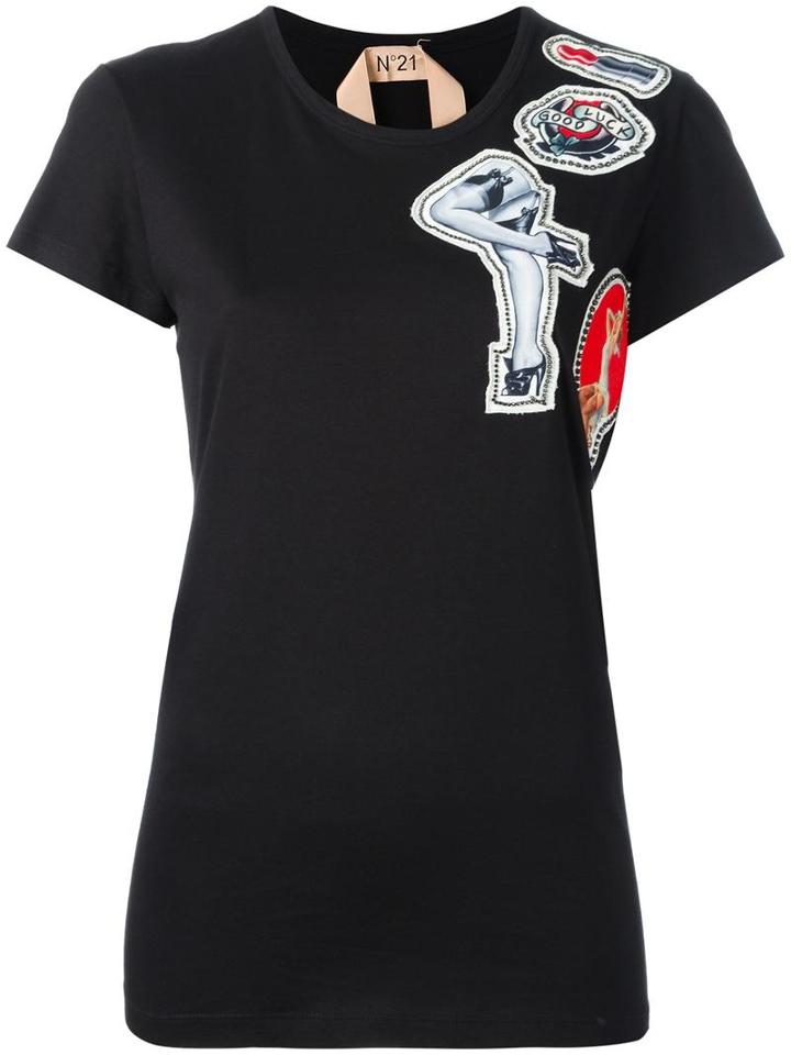 No21 Shoulder Patch T-shirt, Women's, Size: 40, Black, Cotton/polyester/metal/glass
